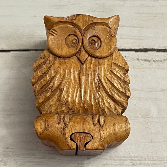 Hand Carved Vintage Wooden Owl Puzzle Lined Jewelry Trinket Box - Picture 1 of 8